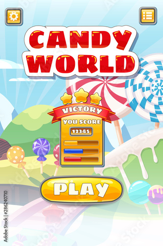 Game UI Candy World Match 3 set game buttons, and elements interface game design resource bar for games cartoon style