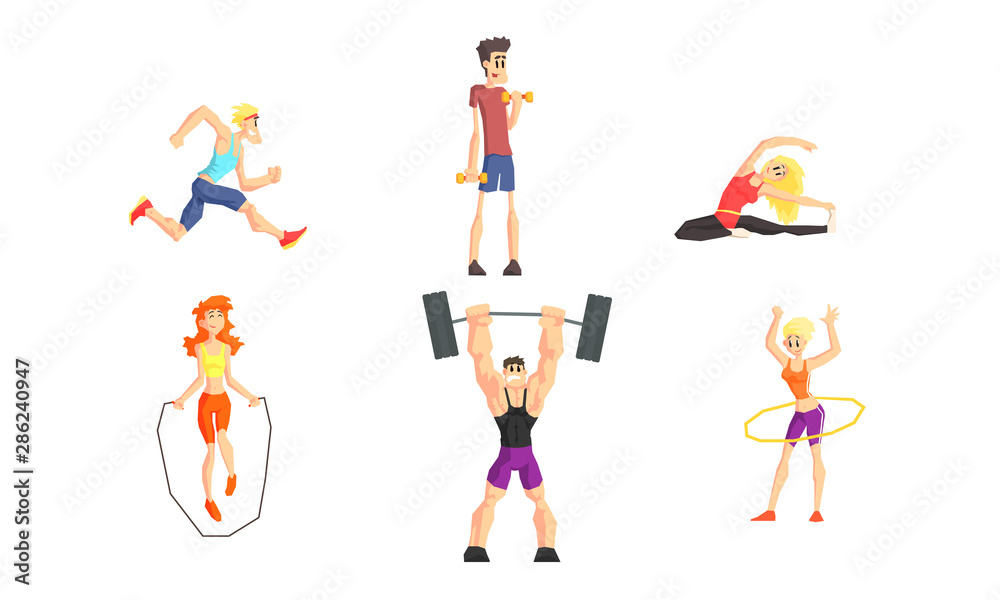 People Performing Various Sports Activities Set, Young Men and Women Running, Exercising with Dumbbells and Barbell, Jumping with Rope Vector Illustration