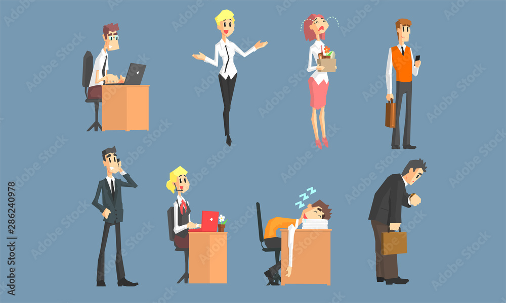 Business Characters Working in Office Set, Male and Female Managers in Different Situations Vector Illustration