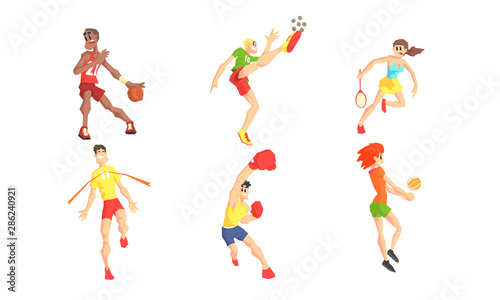 People Performing Various Sports Activities Set, Young Men and Women Running, Playing Basketball, Soccer, Tennis, Volleyball Vector Illustration