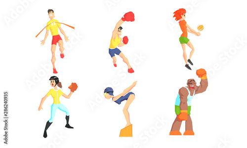 People Performing Various Sports Activities Set, Young Men and Women Training and Exercising with Sports Equipment Vector Illustration