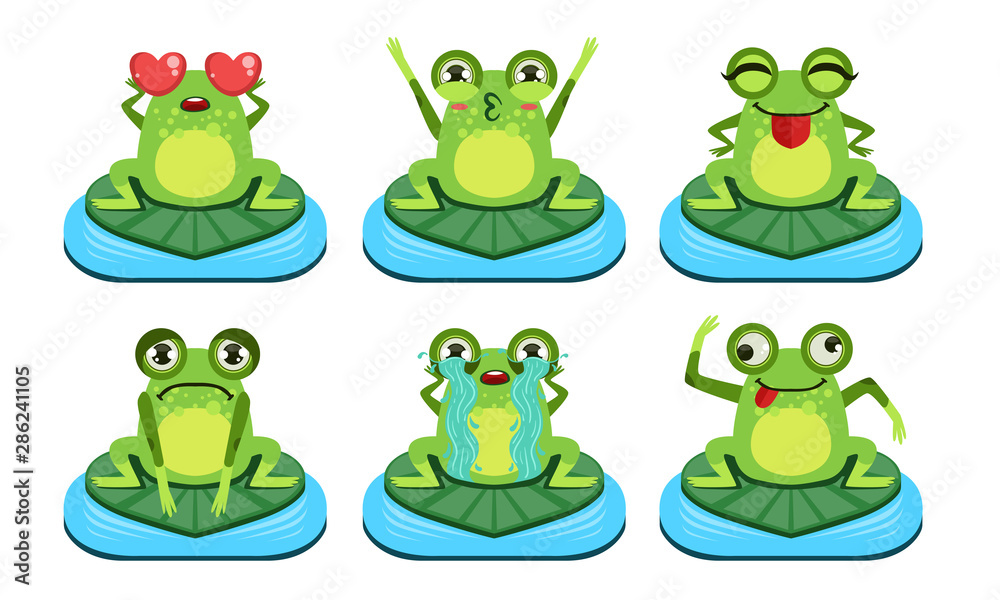 Green Funny Frog Characters Set, Cute Amphibian in Different Activities Vector Illustration - obrazy, fototapety, plakaty 