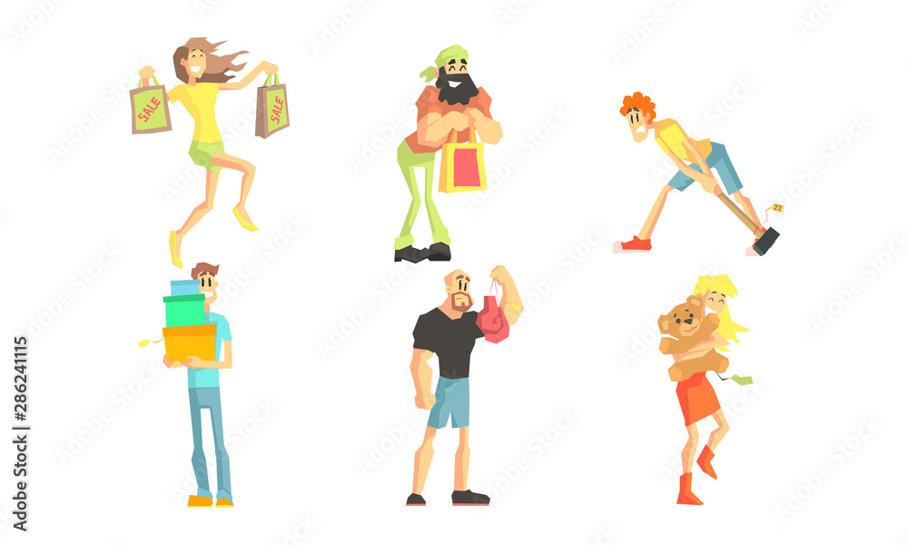 Shopping People Set, Smiling Young Women and Men Characters Paper Bags and Gift Boxes, People Taking Part in Seasonal Sale at Store Vector Illustration