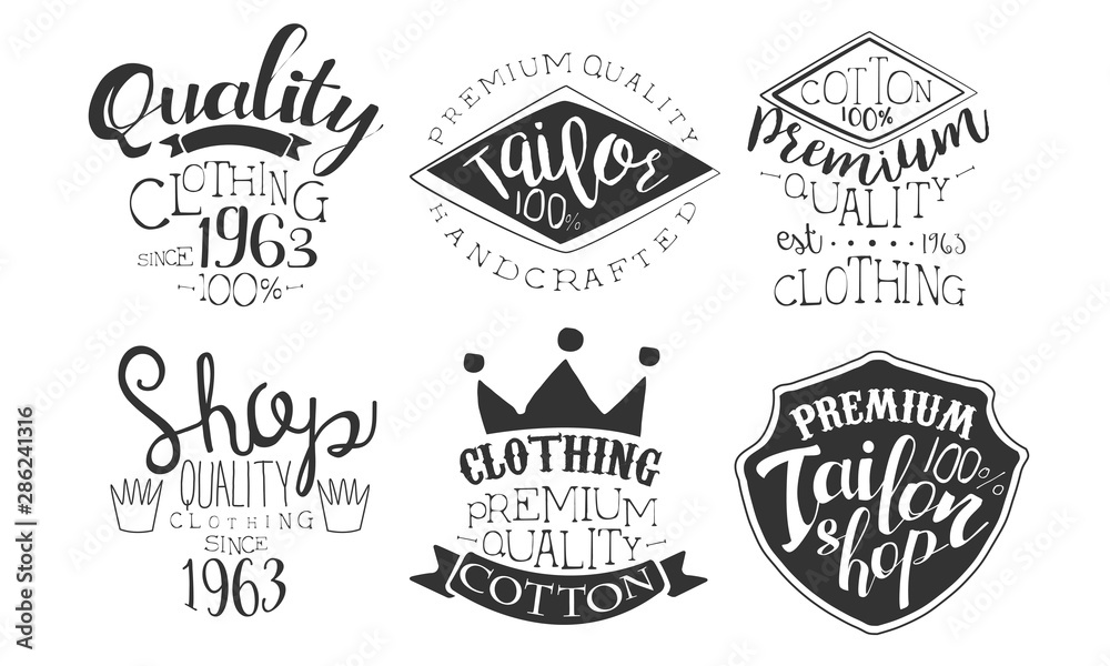 Fototapeta premium Tailor Shop Premium Retro Labels Set, Shop Quality Hand Drawn Badges Monochrome Vector Illustration