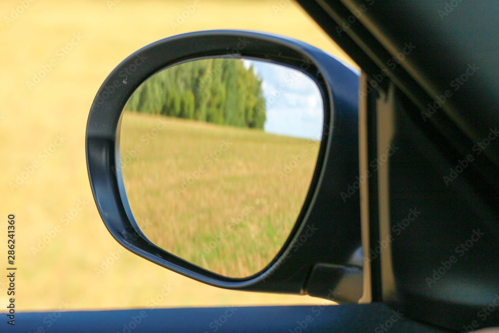 view of the wheat field and forest in car rear mirror