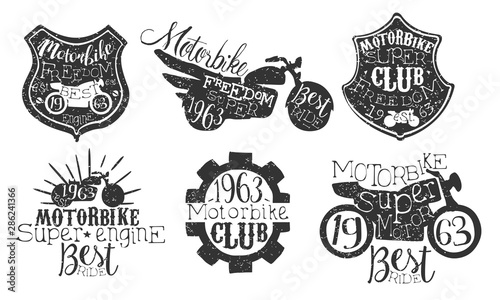 Motorbike Club Retro Labels Set, Super Motor Best Ride Hand Drawn Badges Monochrome Vector Illustration