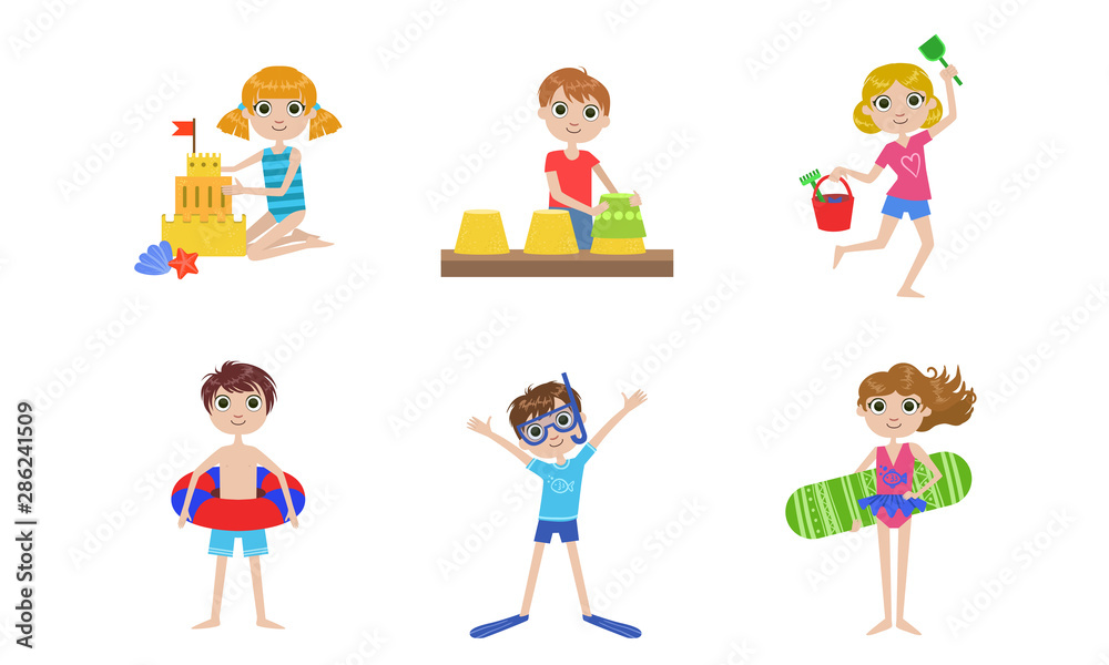 Summer Kids Outdoor Activities Set, Boys and Girls Swimming, Playing with Sand, Making Sandcastle Vector Illustration