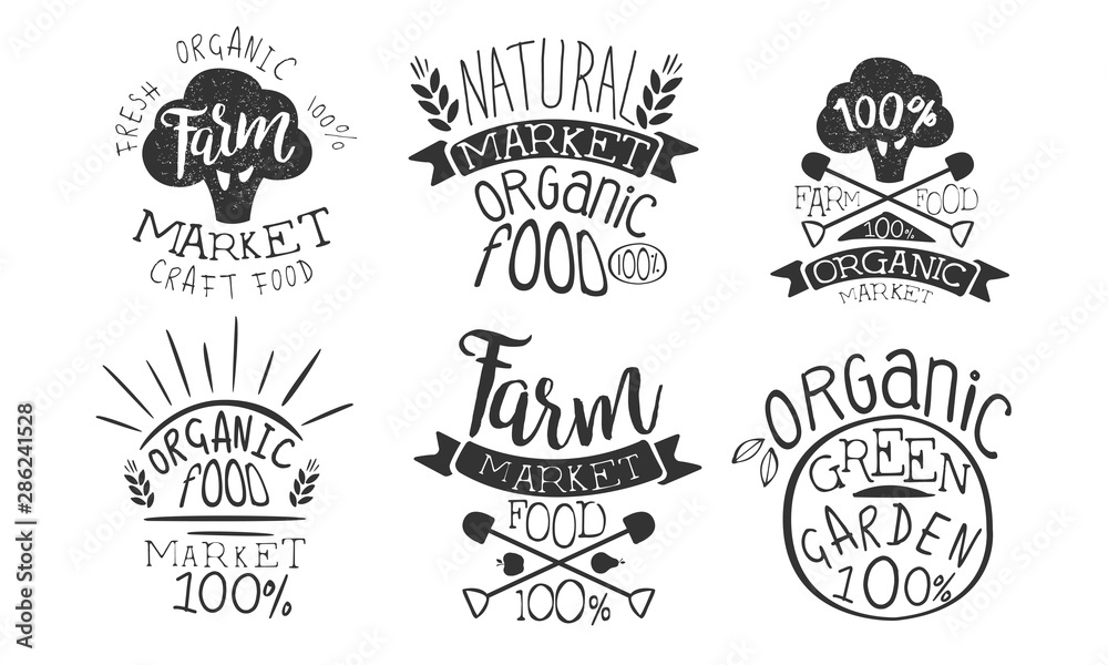 Fototapeta premium Farm Market Retro Labels Set, Fresh Organic Natural Craft Food, Organic Green Garden Hand Drawn Badges Monochrome Vector Illustration