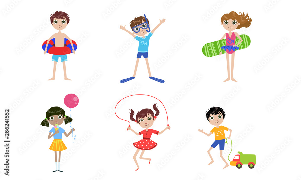 Summer Kids Outdoor Activities Set, Boys and Girls Swimming, Playing Toys, Jumping with Rope Vector Illustration Summer Kids Outdoor Activities Set, Boys and Girls Swimming, Playing Toys, Jumping with Rope Vector Illustration