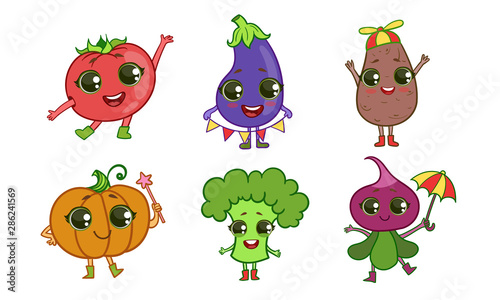 Colorful Cute kawaii Vegetables Set, Vegetarian Food Characters with Funny Faces, Tomato, Eggplant, Potato, Pumpkin, Broccoli, Beetroot Vector Illustration