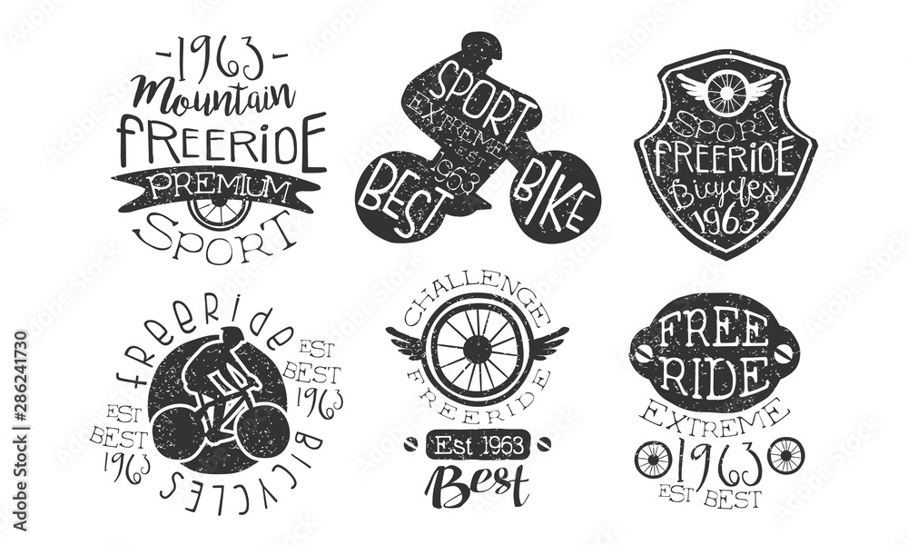 Mountain Freeride Premium Retro Labels Set, Bicycle Extreme Sport Hand Drawn Badges Monochrome Vector Illustration Mountain Freeride Premium Retro Labels Set, Bicycle Extreme Sport Hand Drawn Badges Monochrome Vector Illustration