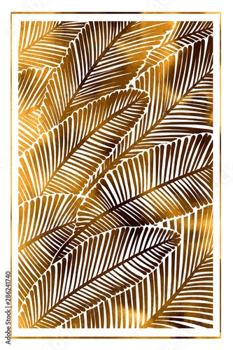 pattern of golden graceful leaves on twigs.  watercolor gilded texture on a white background.  print for use in printed materials  social networks  backgrounds.