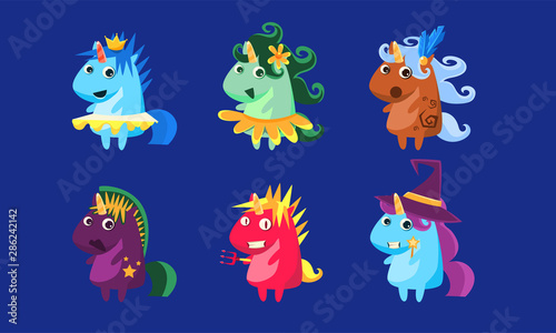 Unicorns Set, Cute Fantastic Animals Characters in Different Costumes Vector Illustration