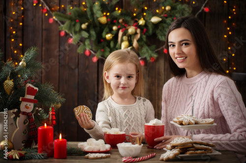 Mother and little girl with christmas cookies  at home