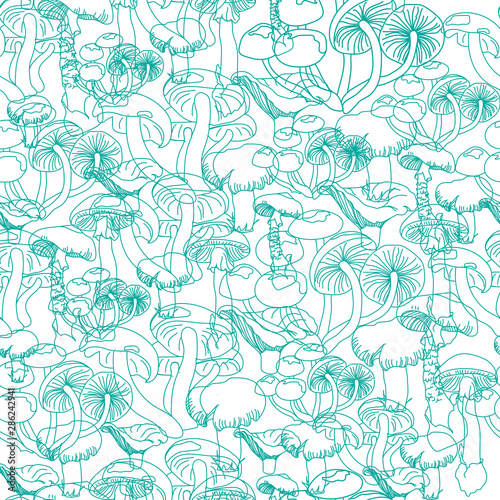 Seamless pattern with contour mushrooms on a white background. Abstract background for print, packaging, paper, textile design. Vector illustration © Irina
