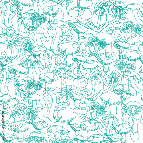 Seamless pattern with contour mushrooms on a white background. Abstract background for print, packaging, paper, textile design. Vector illustration