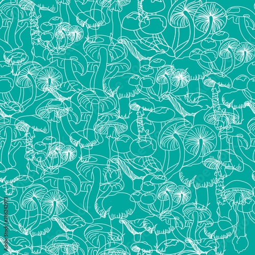 Seamless pattern with contour mushrooms on a turquoise background. Futuristic background, forest mushrooms, toadstools, for printing, packaging, paper, textile design. Vector illustration