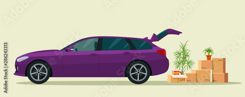 Things in the box next to the trunk of the station wagon car. Vector flat style illustration.