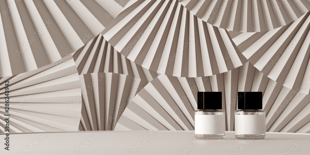 Abstract background for branding, identity and packaging presentation. Perfume on podium on white paper fan medallion background. 3d rendering illustration.