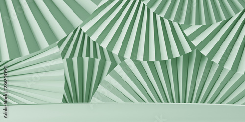 Abstract background for branding, identity and packaging presentation. Podium on light green paper fan medallion background. 3d rendering illustration.