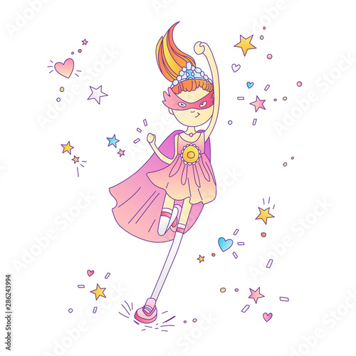 Superhero princess, little teen girl as a superhero vector cartoon illustration with gradients. Super hero girl running and fighting, brave princess, cute cartoon feminism concept about girls. Sticker