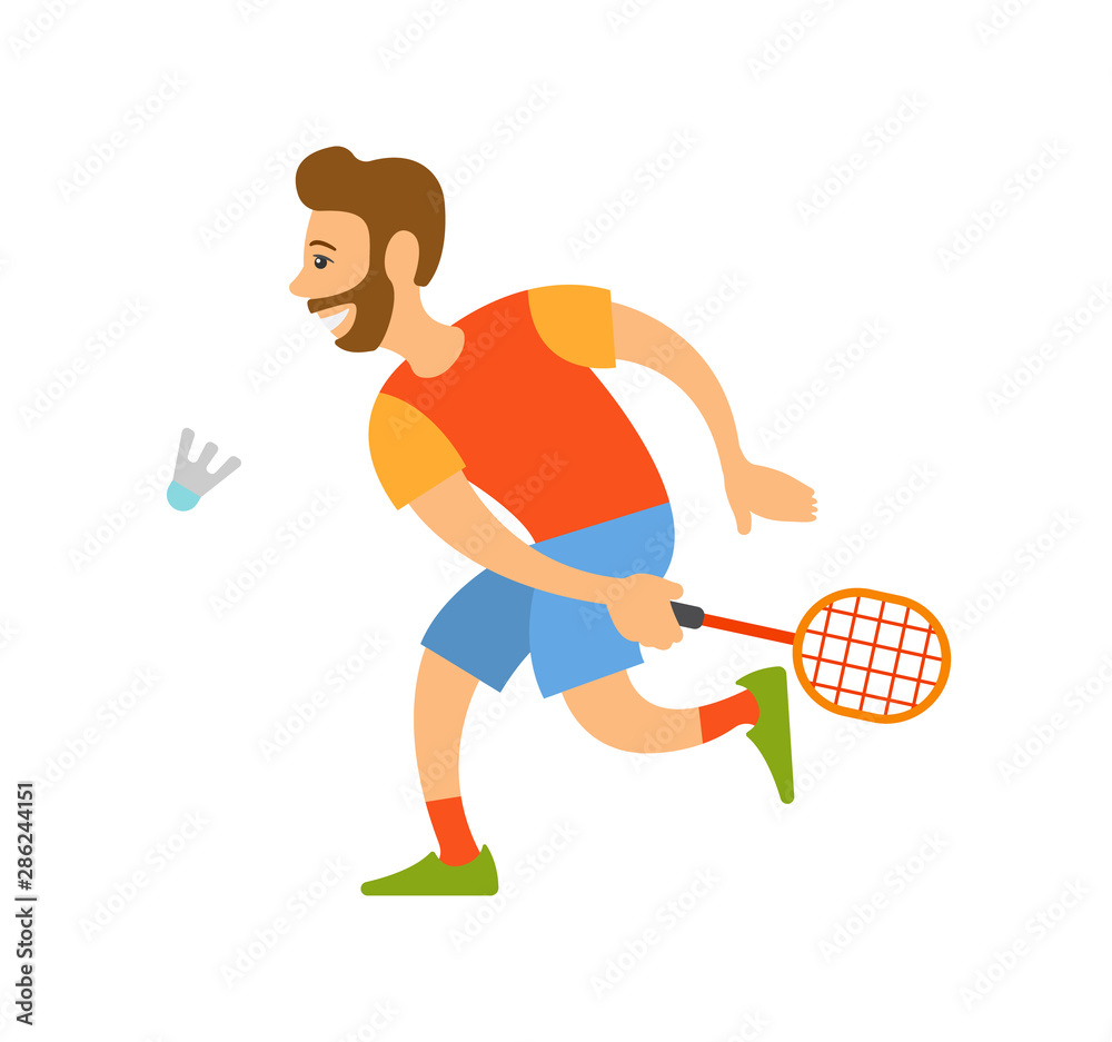 Badminton player with racket hitting shuttlecock or birdie isolated cartoon character. Vector men wearing summer clothes hitting bird, competitors on tournament. Flat cartoon