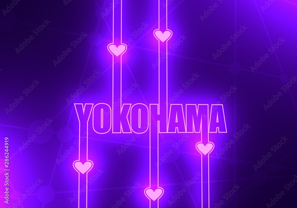 Image relative to Japan travel theme. Yokohama city name in geometry style design. Creative vintage typography poster concept. Outline letters with hearts icons. Neon bulb illumination. 3D rendering Image relative to Japan travel theme. Yokohama city name in geometry style design. Creative vintage typography poster concept. Outline letters with hearts icons. Neon bulb illumination. 3D rendering