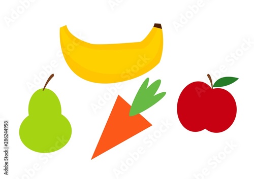 owoce, banan, gruszka, warzywa marchew, jabłko