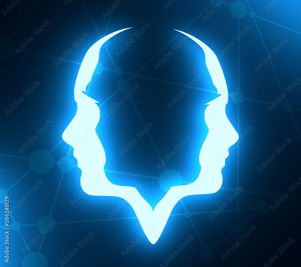 Human avatar profile view. Two face silhouettes. Neon bulb illumination. 3D rendering Human avatar profile view. Two face silhouettes. Neon bulb illumination. 3D rendering