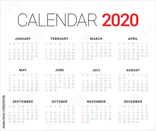 Year 2020 calendar vector design template