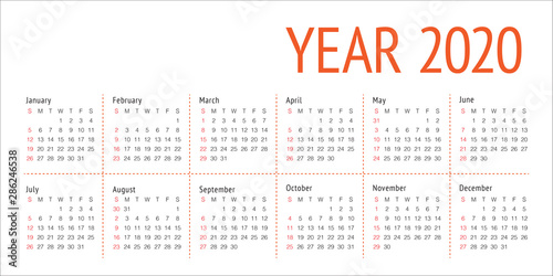 Year 2020 calendar vector design template