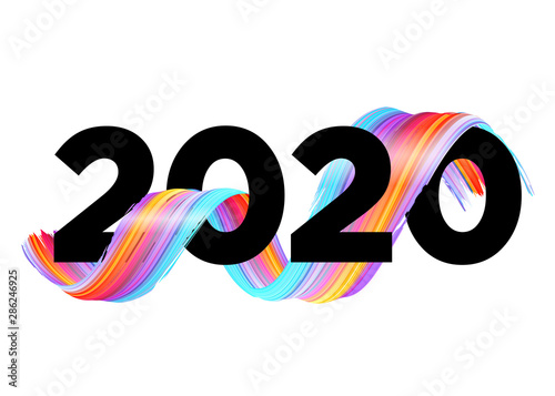 2020 Happy New Year Background Design. Vector Lettering with Abstract Gradient Brushstroke. Colorful Illustration for Calendar, Poster, Greeting Card. Christmas Celebration. Acrylic Paint Xmas Design.