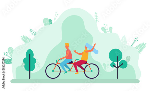Young couple riding double bicycle in park. People on tandem bike. Man and woman cycling together, outdoor sport, family leisure, summer activities vector. Flat cartoon