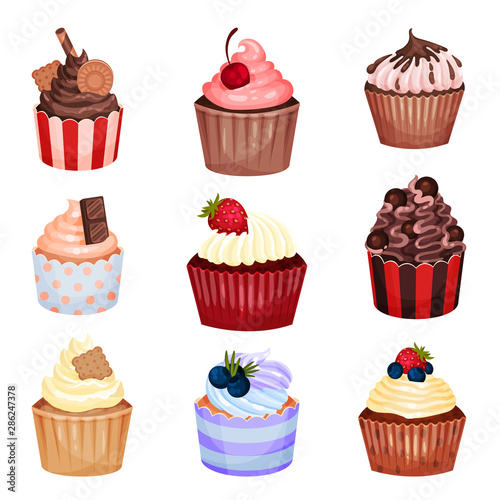 Set of cupcakes with different tastes. Vector illustration on a white background.