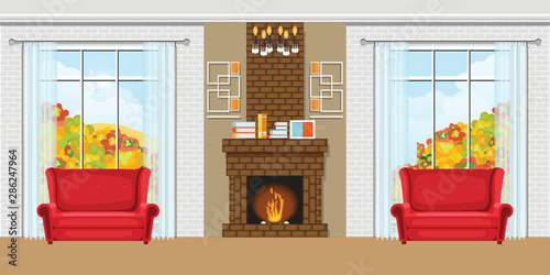 Cozy Living room interior with fireplace and red chairs.