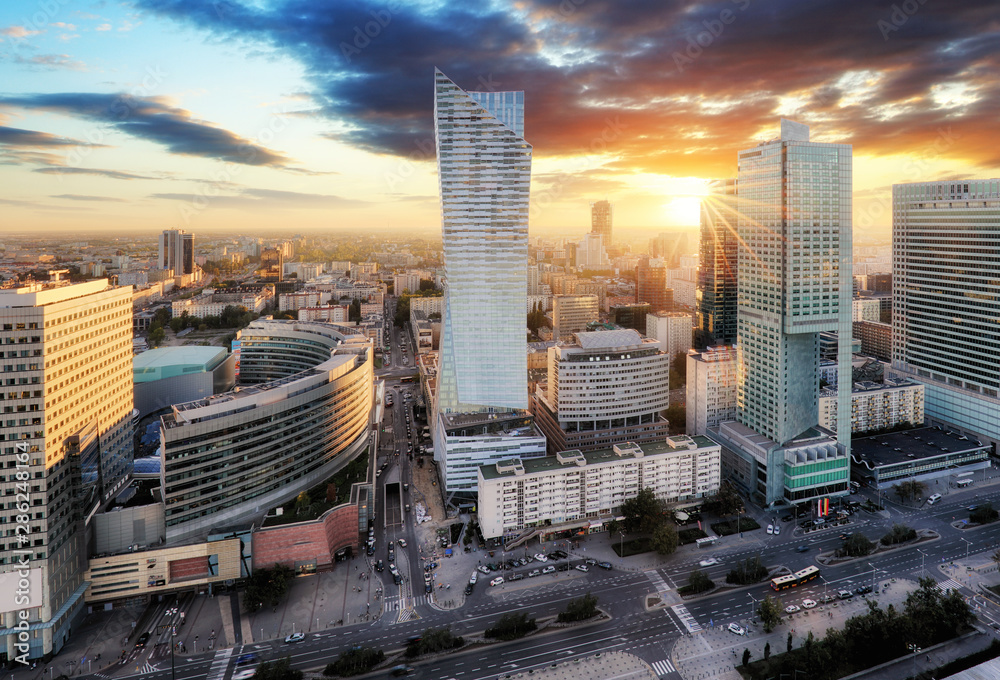 Sunset panorama of Warsaw, capital of Poland, Europe