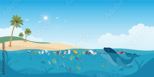 Fish swimming in the ocean full of garbage.