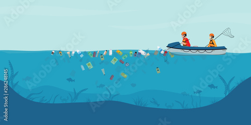 Garbage floating in the water, Male volunteers scavenge from the sea or ocean on boat.