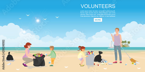 Happy volunteer family collecting rubbish on beach.