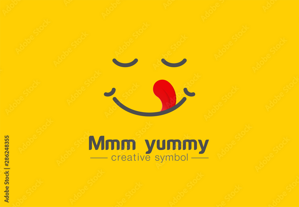Yummy smile, tongue in heart shape creative symbol concept. Delicious, taste, pleasure abstract business logo idea. Tasty food, cook icon. Corporate identity logotype, company graphic design tamplate - obrazy, fototapety, plakaty 