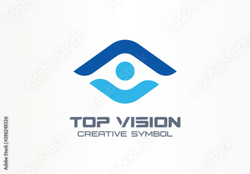 Top vision, man eye creative symbol concept. Protect people, security, care abstract business logo idea. Growth, progress, arrow up icon. Corporate identity logotype, company graphic design tamplate