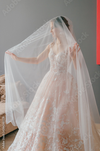 Portrait of beautiful bride in white vintage dress  posing under veil in studio © benevolente