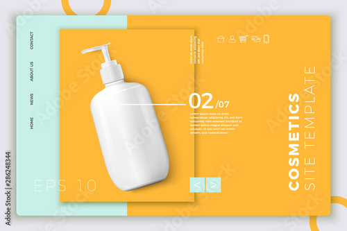 Vector 3d realistic cosmetic pump bottle on modern site template with typographic background. Mock-up for product package branding.