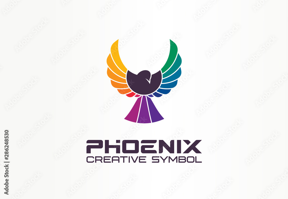 Color phoenix creative symbol concept. Freedom, spread wings eagle, spectrum abstract business logo idea. Bird in flight, rainbow icon. Corporate identity logotype, company graphic design tamplate