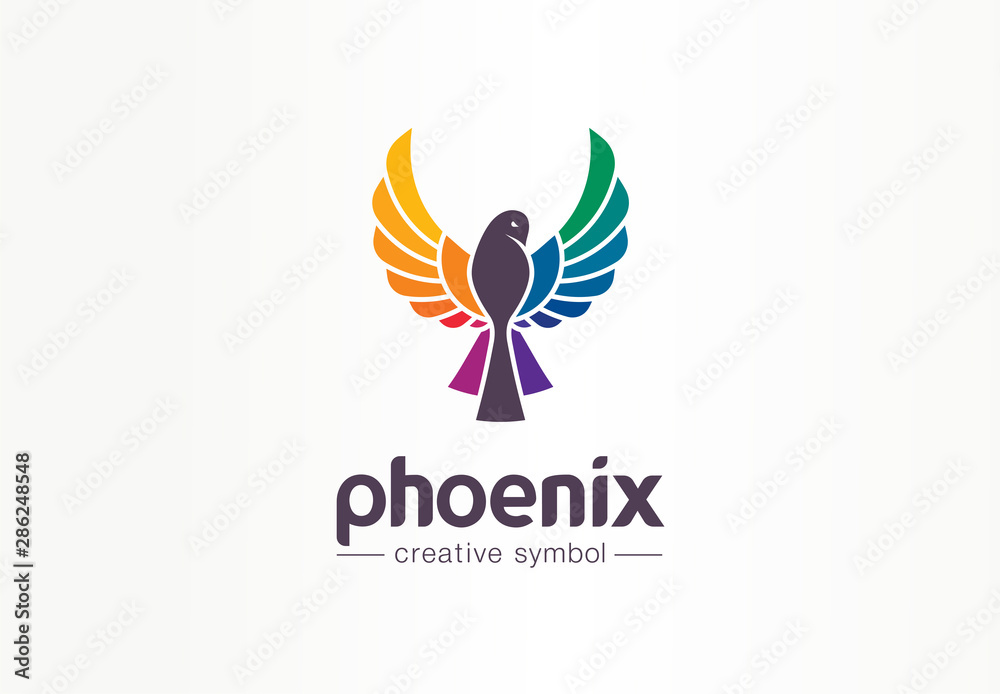 Color phoenix creative symbol concept. Freedom, beautiful, fashion abstract business logo idea. Bird in flight silhouette, rainbow icon. Corporate identity logotype, company graphic design tamplate