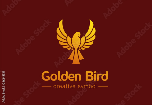 Golden bird in flight creative symbol concept. Premium jewelry, fashion abstract business logo idea. phoenix, dove, hummingbird icon. Corporate identity logotype, company graphic design tamplate