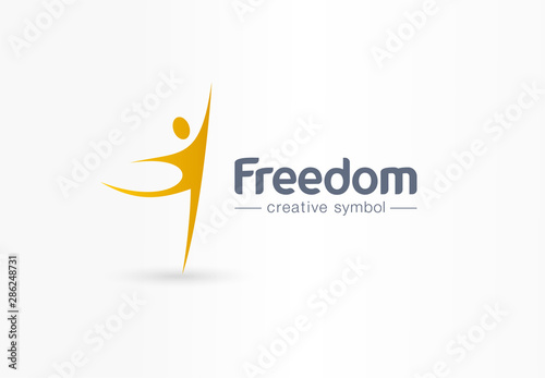 Freedom, jump, dancing man creative symbol concept. Happiness, success, win abstract business logo idea. Healthy human, happy person icon. Corporate identity logotype, company graphic design tamplate