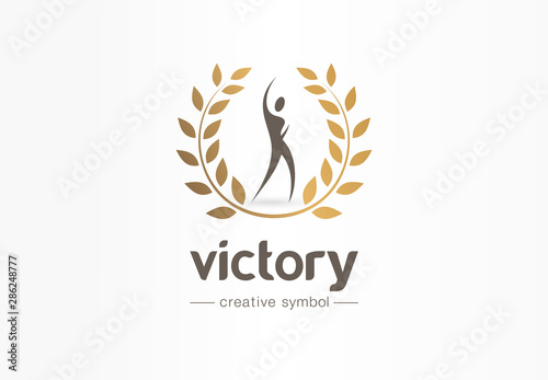 Victory, happy man and gold laurel wreath creative symbol concept. Champion, success abstract business logo idea. Award, win, winner icon. Corporate identity logotype, company graphic design tamplate