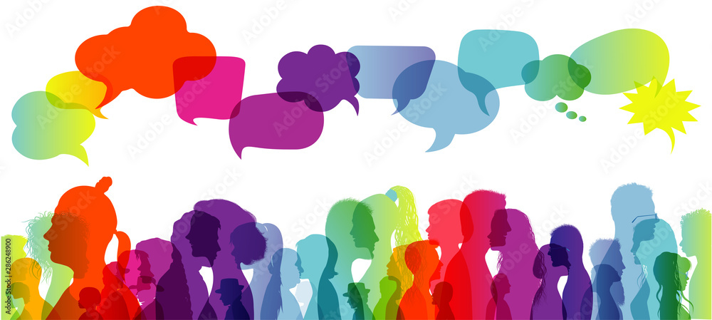 Crowd talking. Speech bubble. Dialogue group of diverse people. Communication between people. Silhouette profiles. Rainbow colours Crowd talking. Speech bubble. Dialogue group of diverse people. Communication between people. Silhouette profiles. Rainbow colours