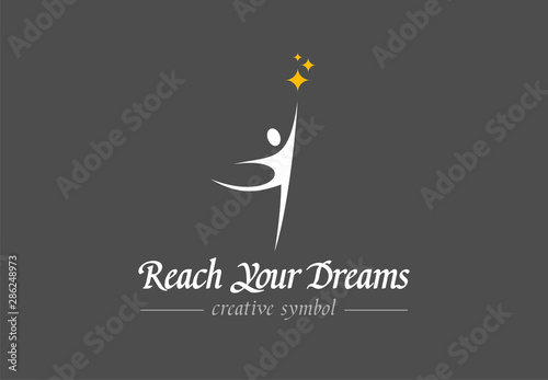 Reach your dreams creative symbol concept. Success, goal, graduate abstract business logo idea. Happy kid, man silhouette and stars icon. Corporate identity logotype, company graphic design tamplate